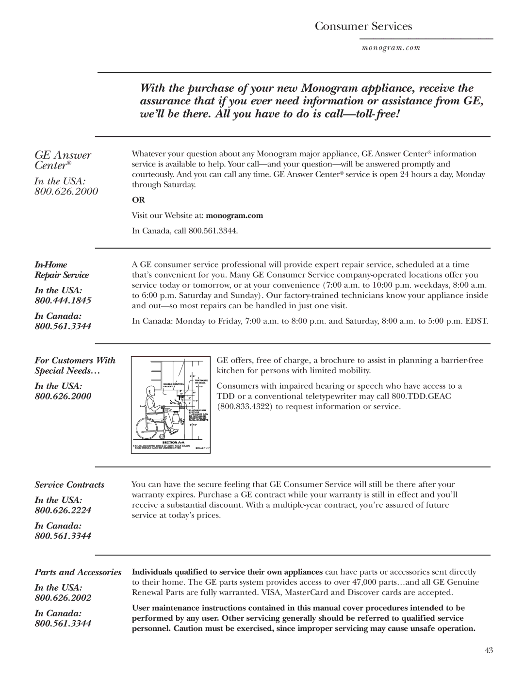 GE ZSC1000, ZSC1001 owner manual GE Answer Center, Consumer Services 