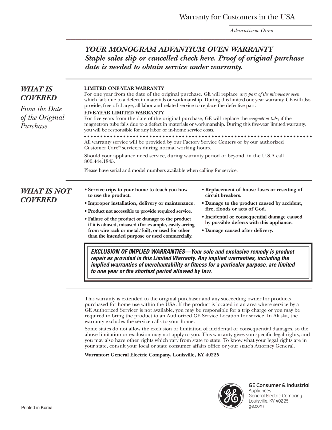 GE ZSC1001, ZSC1000 owner manual From the Date Original Purchase, Warranty for Customers in the USA 