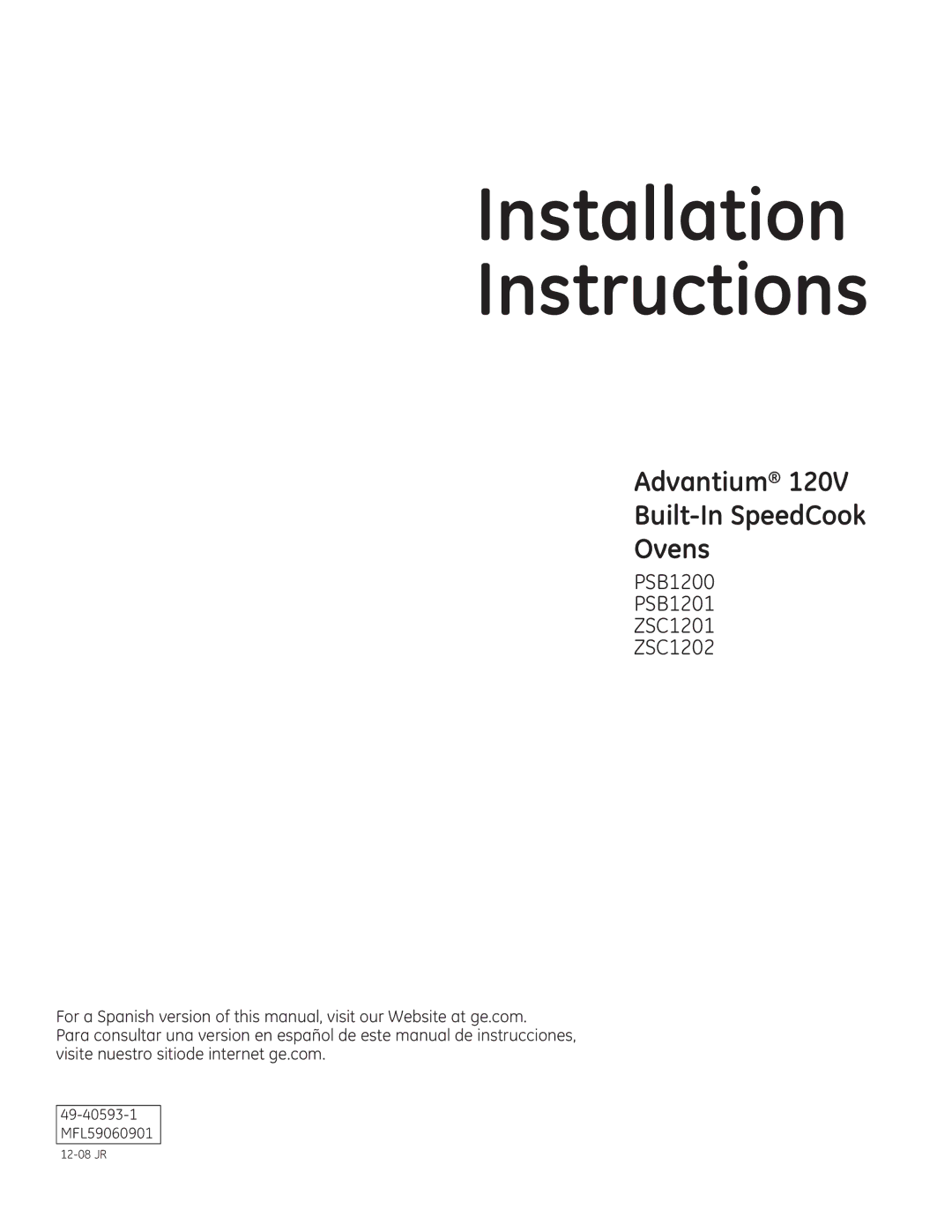 GE ZSC1202SS, ZSC1201SS, PSB1201SS, PSB1200WW, PSB1200BB installation instructions Installation Instructions 