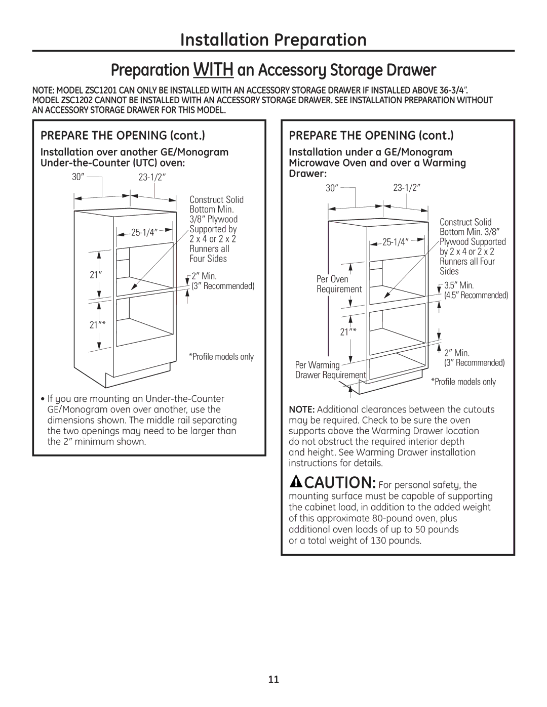 GE ZSC1202SS, ZSC1201SS, PSB1201SS, PSB1200WW, PSB1200BB installation instructions 30″ 23-1/2″, 21″ 25-1/4″ 