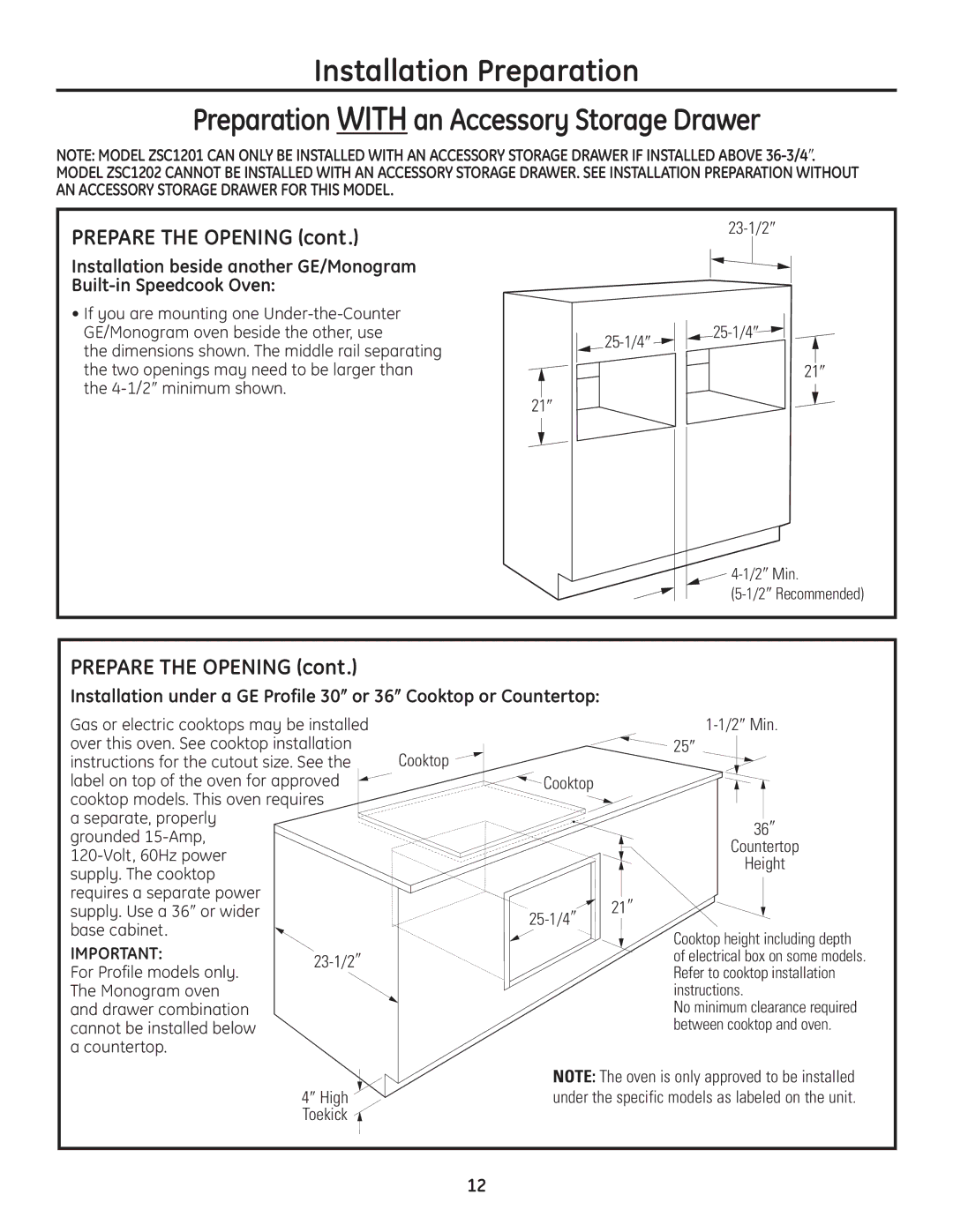 GE PSB1201SS, ZSC1201SS, ZSC1202SS, PSB1200WW, PSB1200BB installation instructions Cooktop 