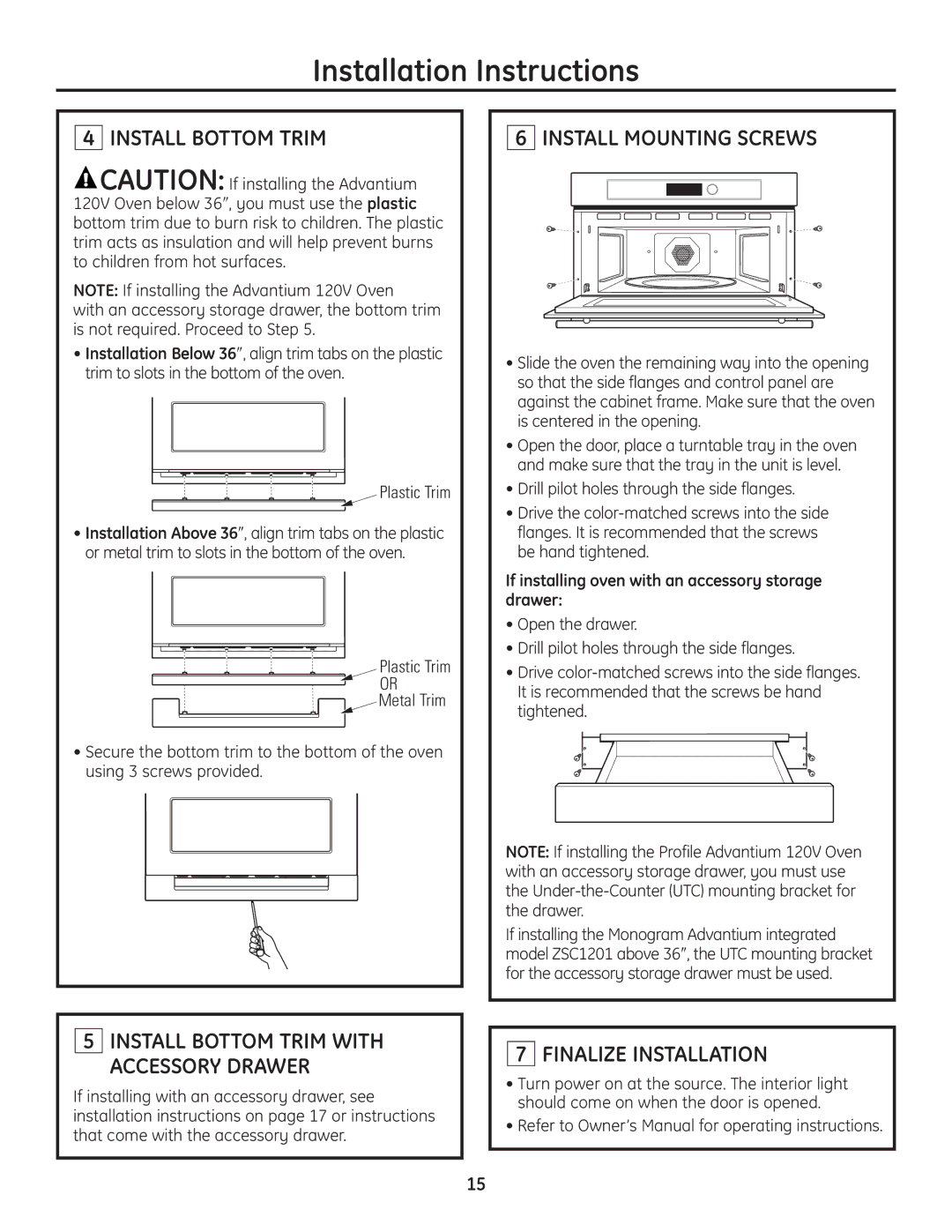 GE ZSC1201SS, ZSC1202SS, PSB1201SS, PSB1200WW, PSB1200BB Install Bottom Trim, Install Mounting Screws, Finalize Installation 