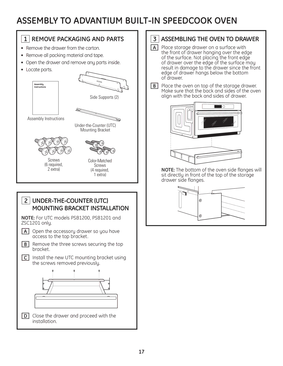 GE PSB1201SS, ZSC1201SS, ZSC1202SS, PSB1200WW, PSB1200BB Remove Packaging and Parts, Assembling the Oven to Drawer 