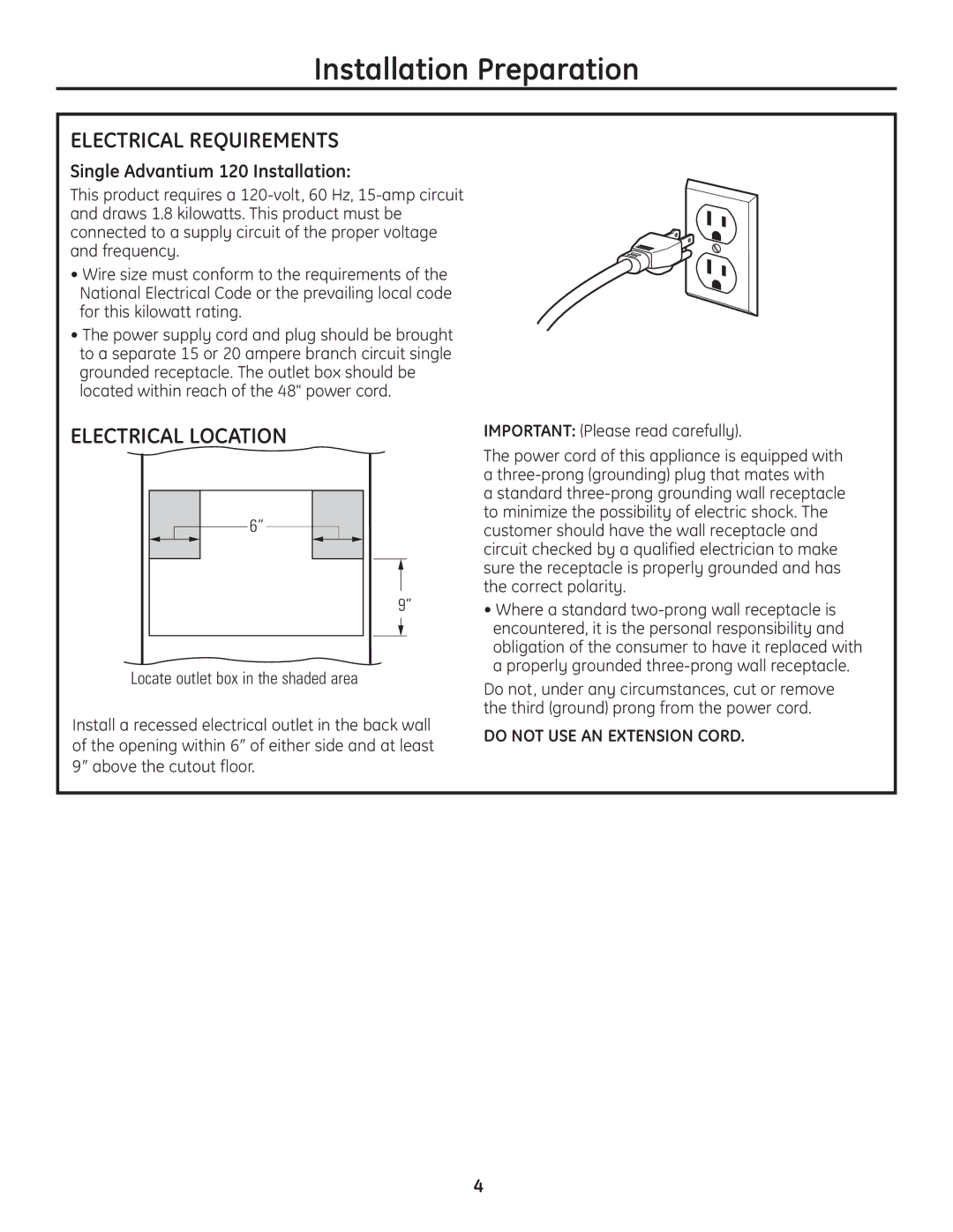 GE PSB1200BB, ZSC1201SS, ZSC1202SS Electrical Requirements, Electrical Location, Single Advantium 120 Installation 