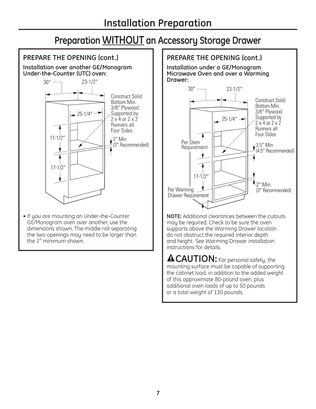 GE PSB1201SS, ZSC1201SS, ZSC1202SS, PSB1200WW, PSB1200BB installation instructions Drawer, 30″ 23-1/2″, 17-1/2″ 25-1/4″, ″ Min 