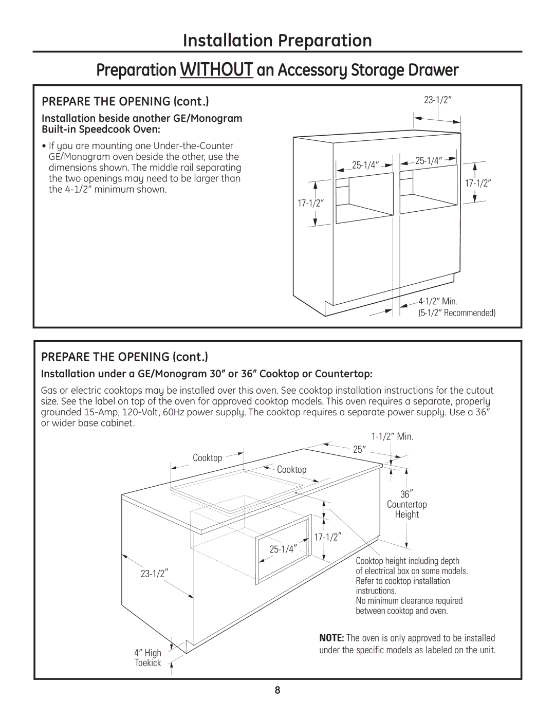 GE PSB1200WW, ZSC1201SS, ZSC1202SS, PSB1201SS, PSB1200BB installation instructions 2″Min 2″Recommended 