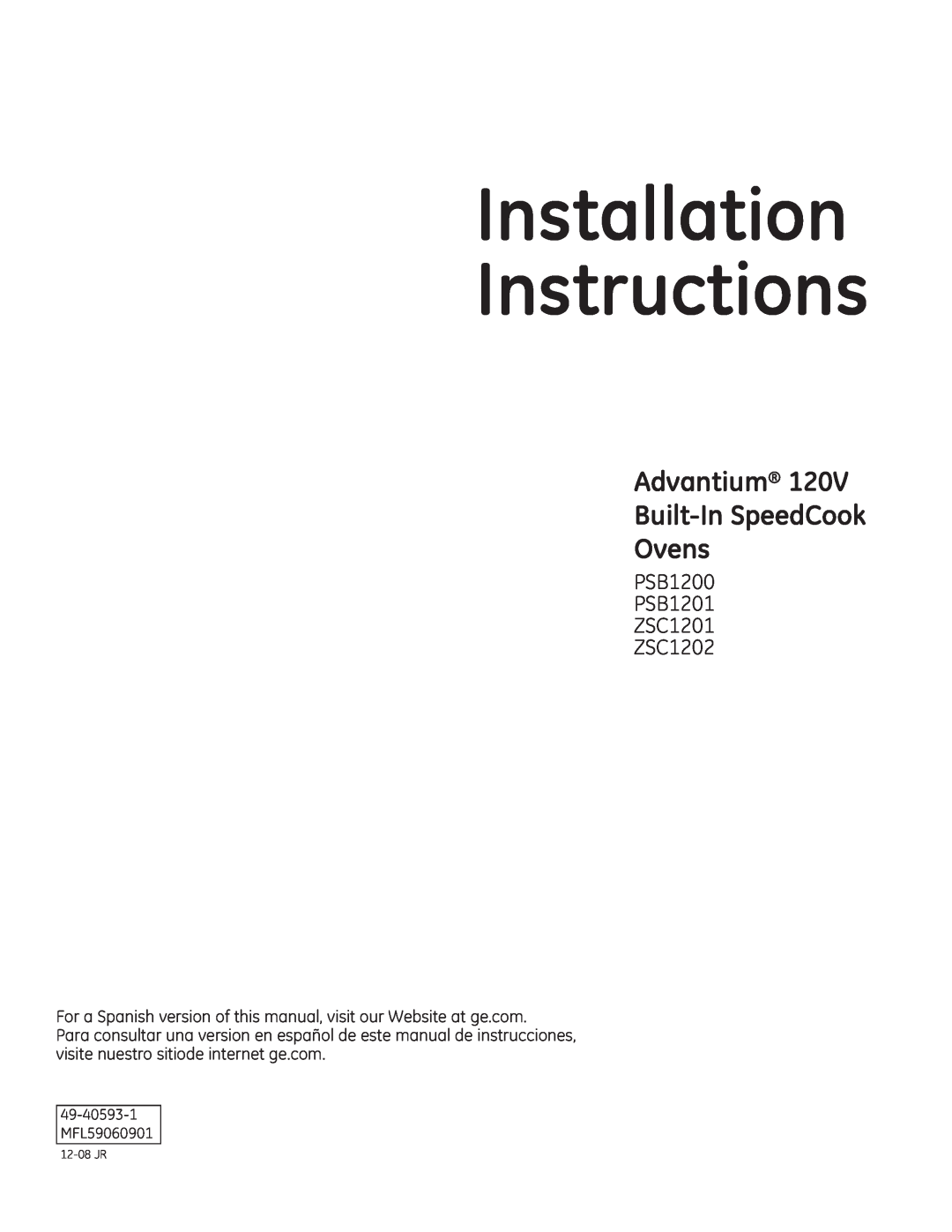 GE ZSC1202SS, ZSC1201SS, PSB1201SS installation instructions Installation Instructions, Advantium Built-InSpeedCook Ovens 