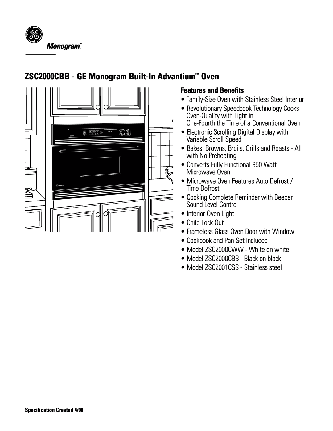 GE dimensions ZSC2000CBB - GE Monogram Built-InAdvantium Oven, Features and Benefits 