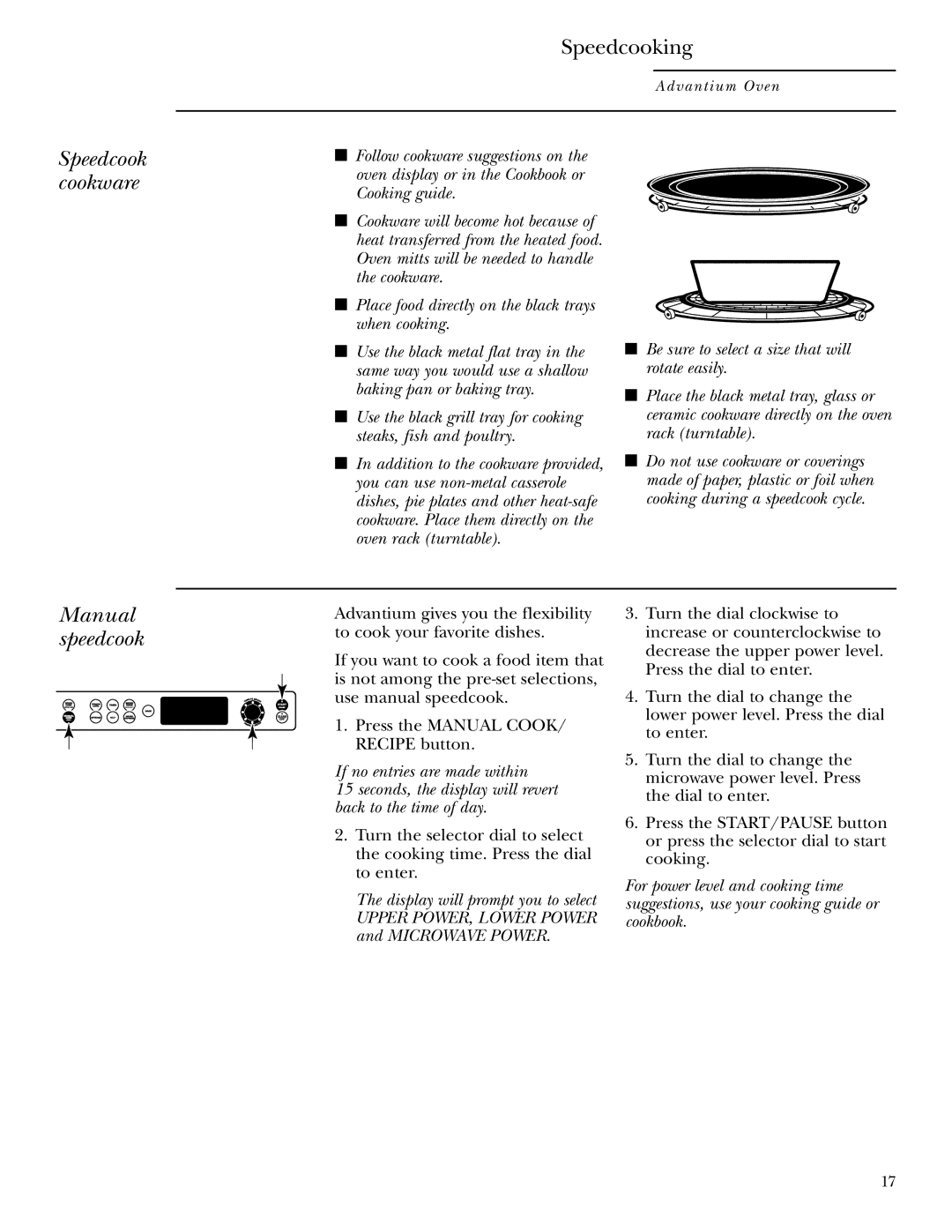 GE ZSC2000, ZSC2001 owner manual Speedcook cookware, Manual speedcook, Place food directly on the black trays when cooking 