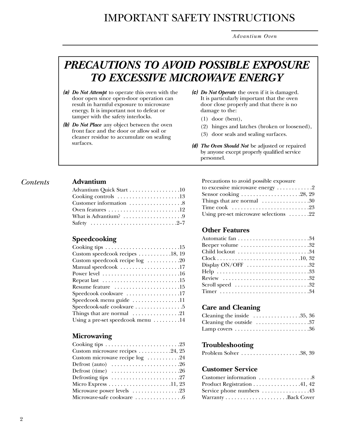 GE ZSC2001, ZSC2000 owner manual Contents Advantium 