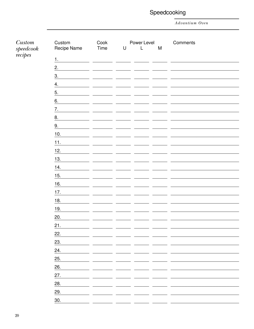 GE ZSC2001, ZSC2000 owner manual Custom speedcook recipes, Custom Cook, Recipe Name Time 