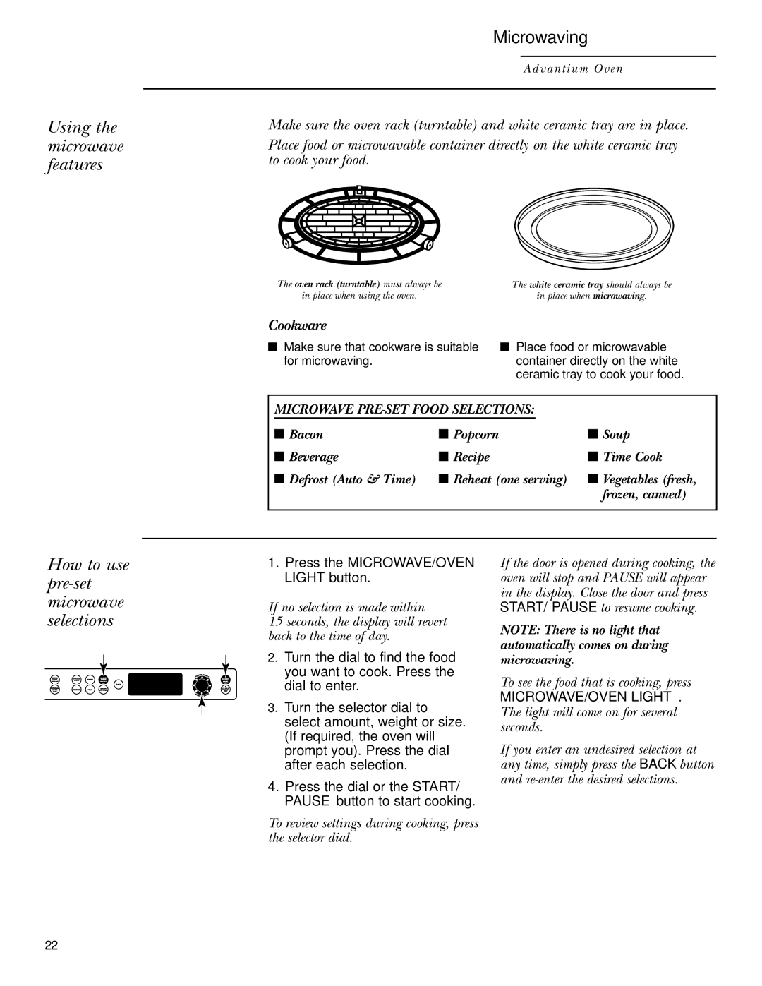 GE ZSC2001, ZSC2000 owner manual Using the microwave features, Microwaving, How to use pre-set microwave selections 