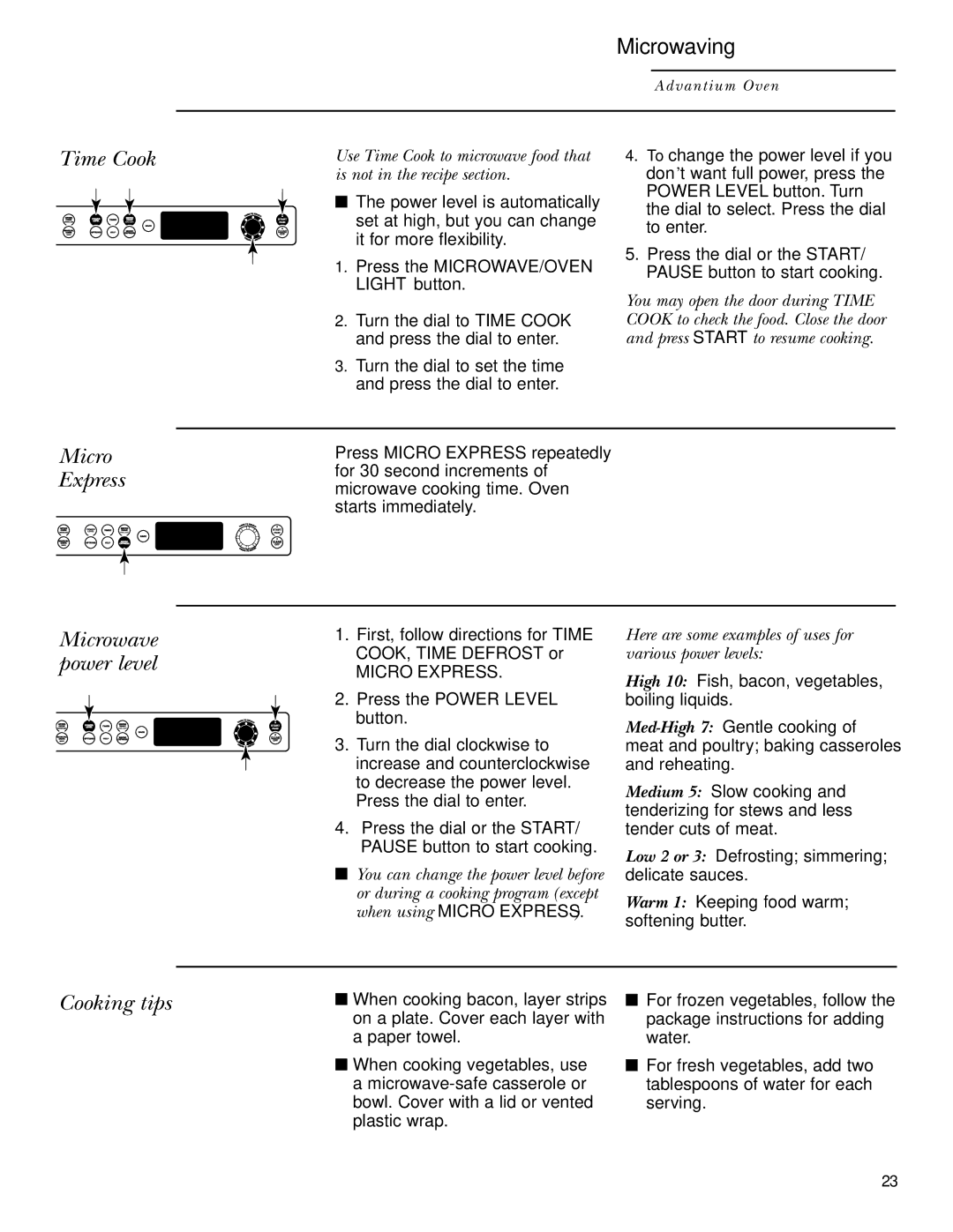 GE ZSC2000, ZSC2001 owner manual Time Cook, Micro Express, Microwave power level, Cooking tips 