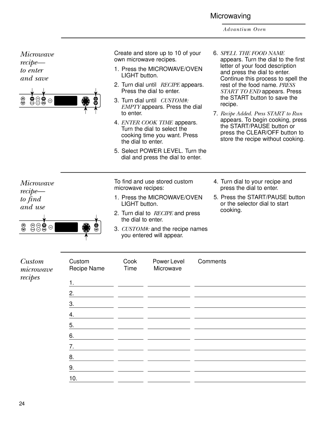 GE ZSC2001, ZSC2000 Microwave recipe- to enter and save, Microwave recipe- to find and use, Custom microwave recipes 