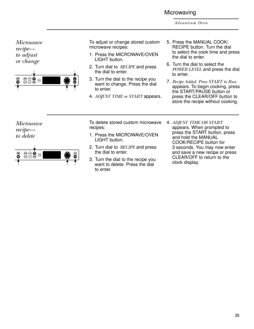 GE ZSC2000, ZSC2001 Microwave recipe- to adjust or change, Microwave recipe- to delete, Adjust Time or Start appears 