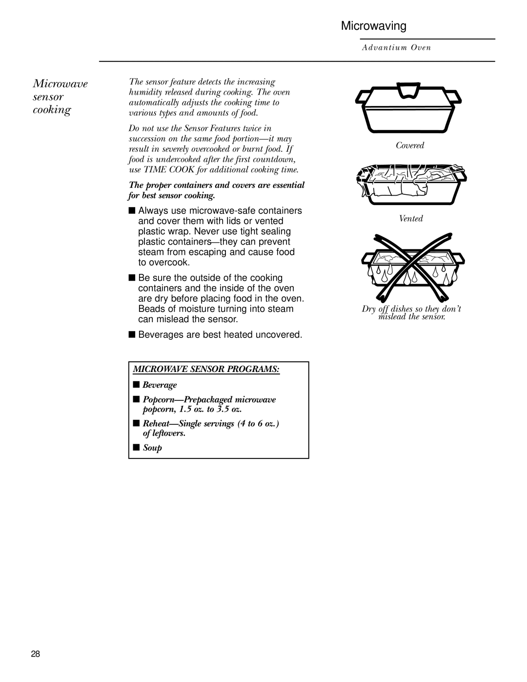 GE ZSC2001, ZSC2000 owner manual Microwave sensor cooking, Covered Vented 