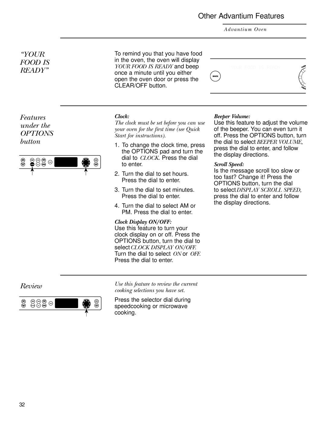 GE ZSC2001, ZSC2000 owner manual Other Advantium Features, Features under Options button, Review 