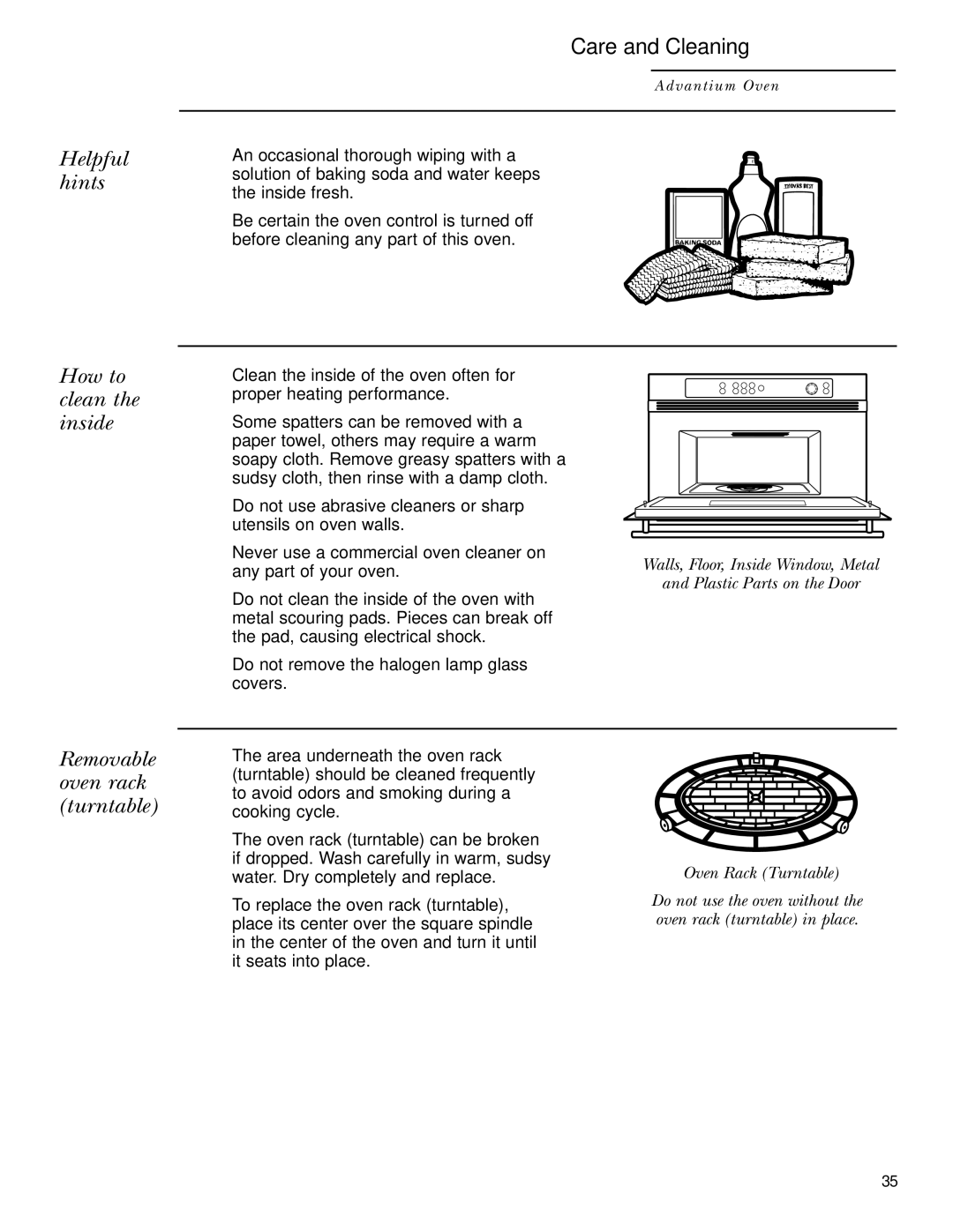 GE ZSC2000, ZSC2001 owner manual Helpful hints, Care and Cleaning, How to clean the inside, Removable oven rack turntable 