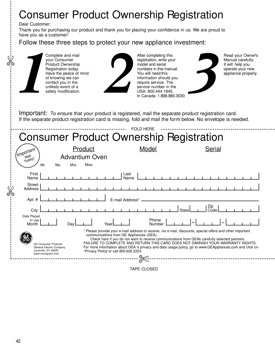 GE ZSC2001, ZSC2000 owner manual Consumer Product Ownership Registration 