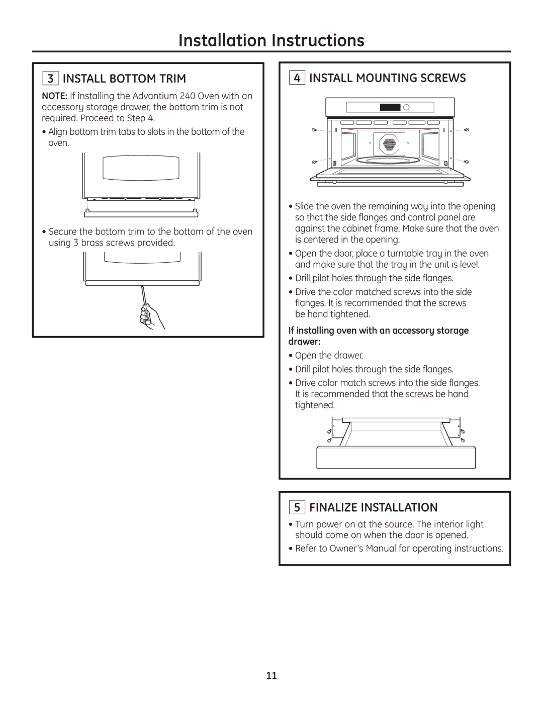 GE ZSC2200, ZSC2201, ZSC2202, PSB2200, PSB2201 Install Bottom Trim, Install Mounting Screws, Finalize Installation 