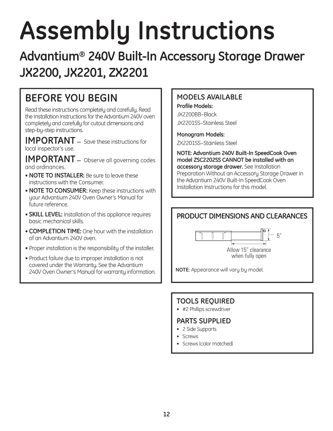 GE ZSC2202, ZSC2201, ZSC2200, PSB2200, PSB2201 installation instructions Assembly Instructions, Tools Required 