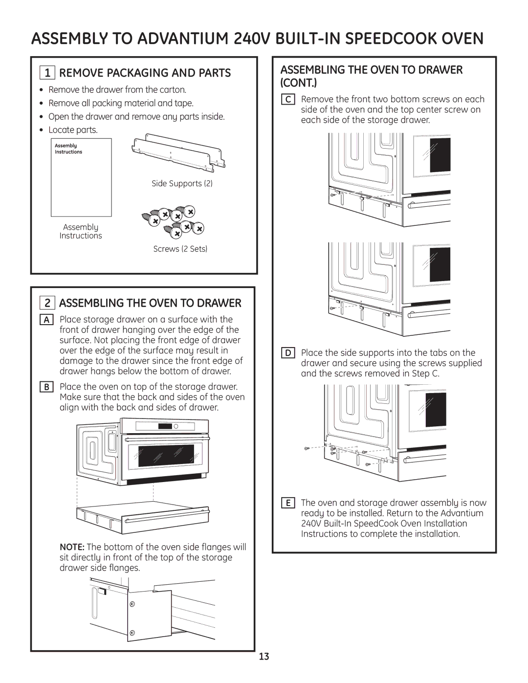 GE PSB2200, ZSC2201, ZSC2200, ZSC2202, PSB2201 Remove Packaging and Parts, Assembling the Oven to Drawer 