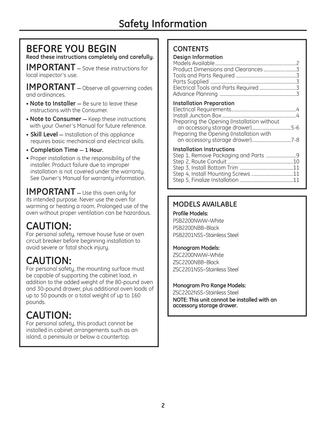 GE ZSC2202, ZSC2201, ZSC2200, PSB2200, PSB2201 installation instructions Contents, Models Available 