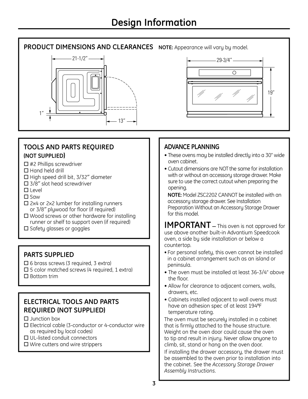 GE PSB2200, ZSC2201, ZSC2200, ZSC2202, PSB2201 installation instructions Parts Supplied, Advance Planning 