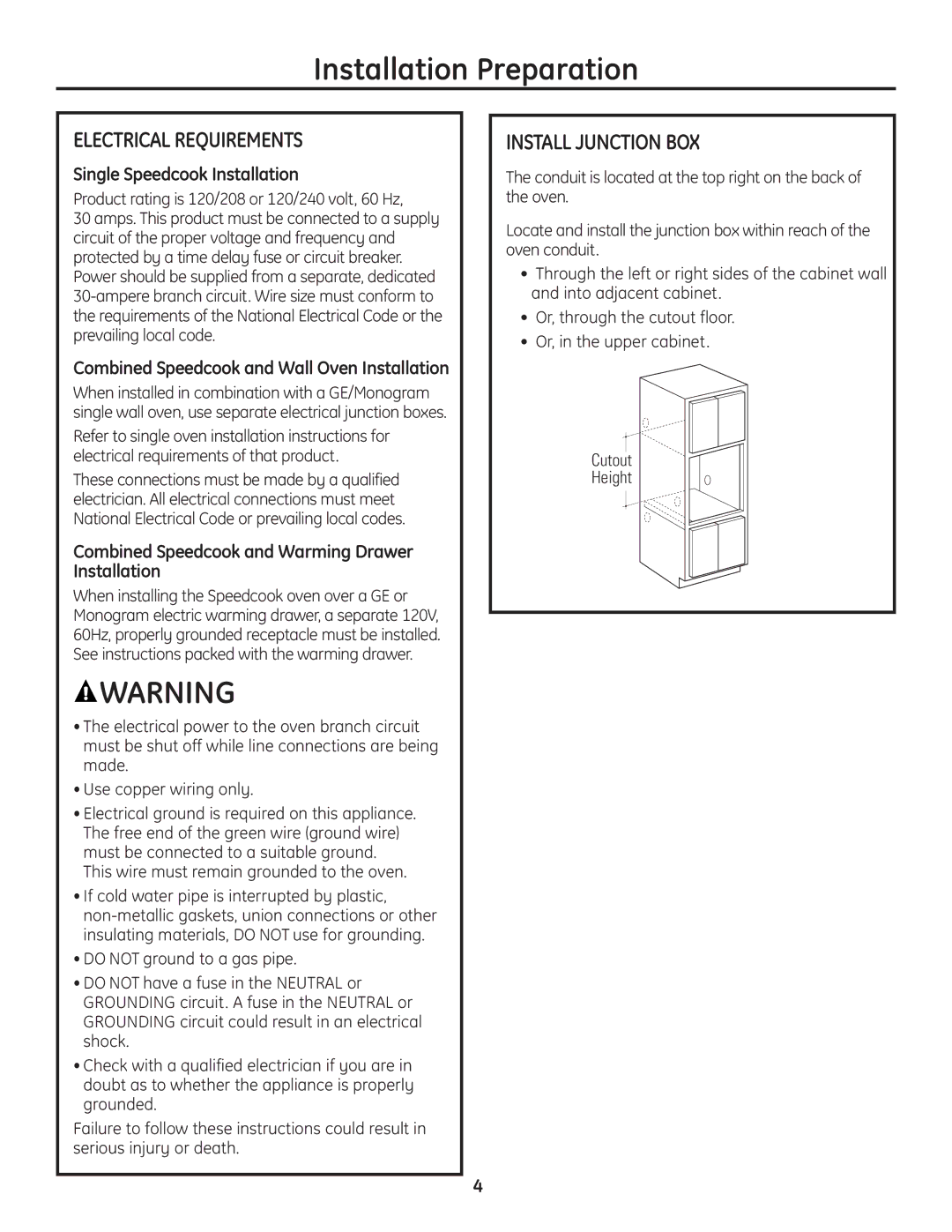 GE PSB2201, ZSC2201, ZSC2200, ZSC2202, PSB2200 Electrical Requirements, Install Junction BOX, Single Speedcook Installation 