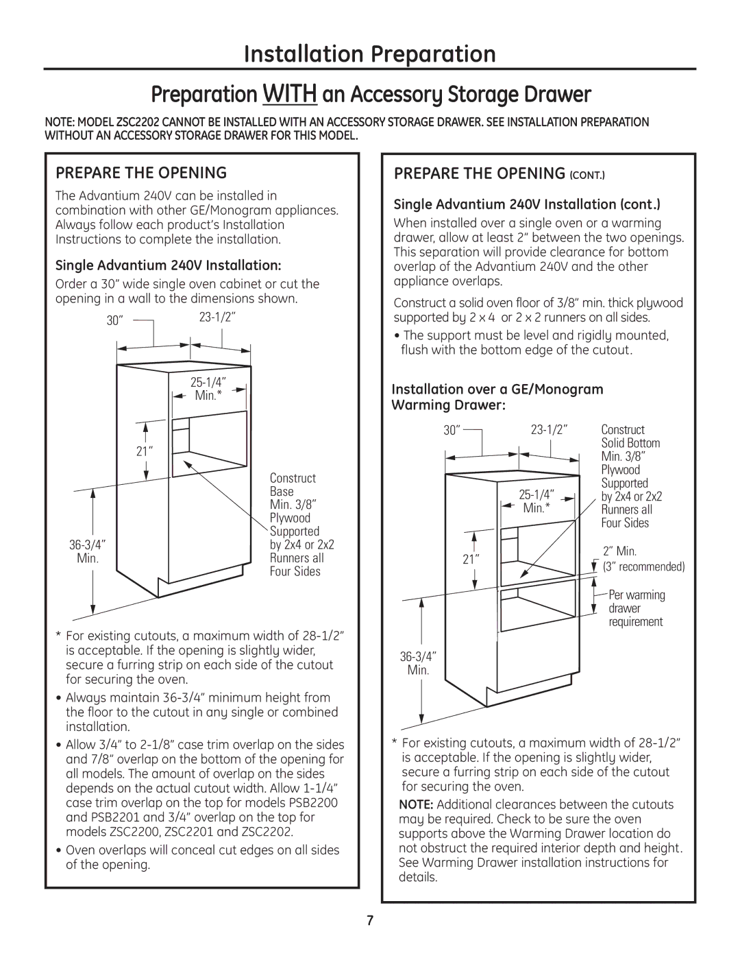 GE ZSC2202, ZSC2201, ZSC2200, PSB2200, PSB2201 installation instructions Installation over a GE/Monogram Warming Drawer 