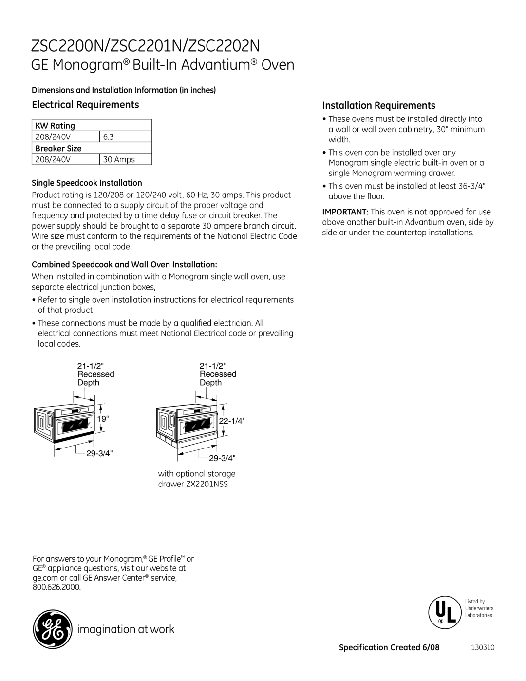 GE dimensions ZSC2200N/ZSC2201N/ZSC2202N, GE Monogram Built-In Advantium Oven, Electrical Requirements 