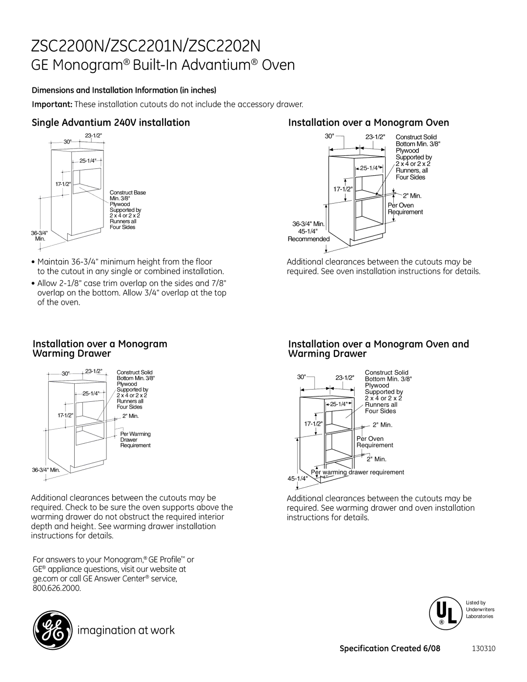 GE ZSC2200N, ZSC2201N, ZSC2202N dimensions Single Advantium 240V installation, Installation over a Monogram Oven 
