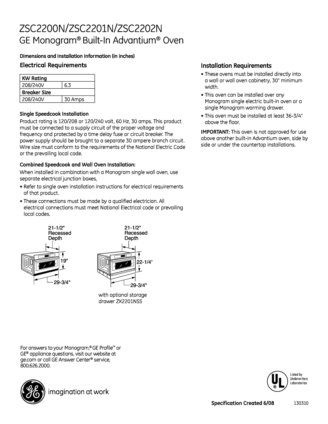 GE dimensions ZSC2200N/ZSC2201N/ZSC2202N, GE Monogram Built-In Advantium Oven, KW Rating, Breaker Size 