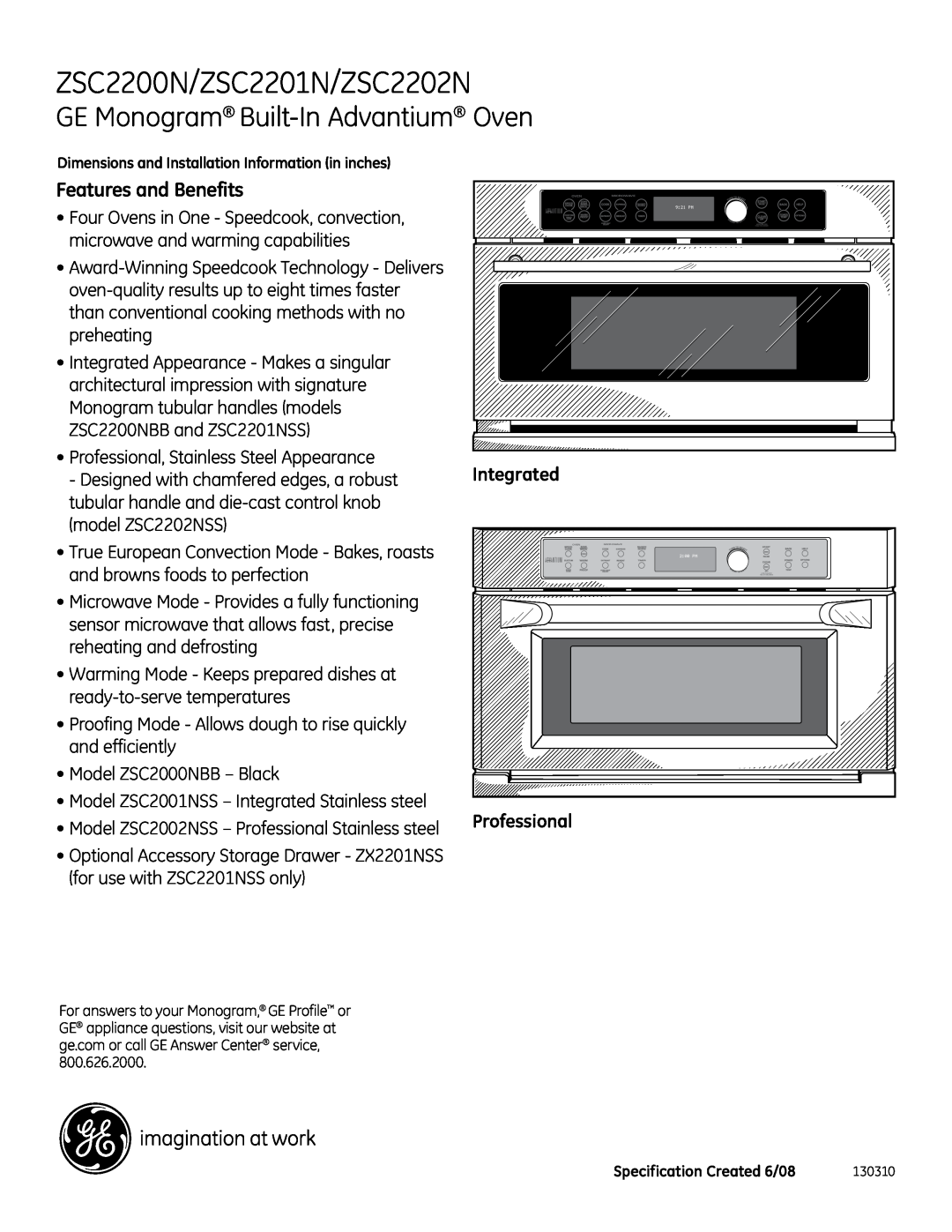 GE ZSC2200N/ZSC2201N/ZSC2202N, GE Monogram Built-In Advantium Oven, Features and Benefits, Integrated, Professional 