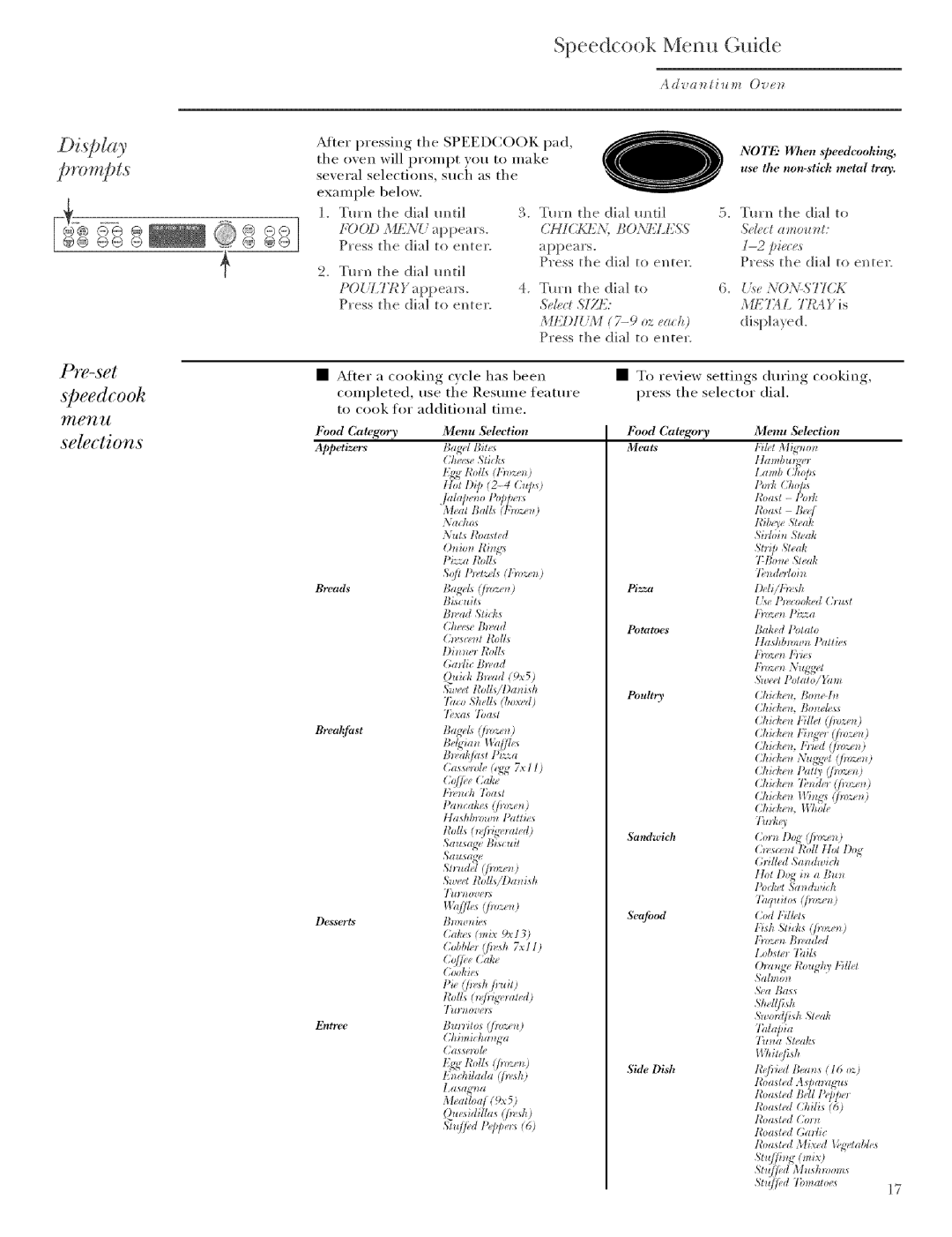 GE ZSCIO01, ZSCIO00 manual Prompts, Speedcook Menu Bride, Peedcooh, SeDctions 