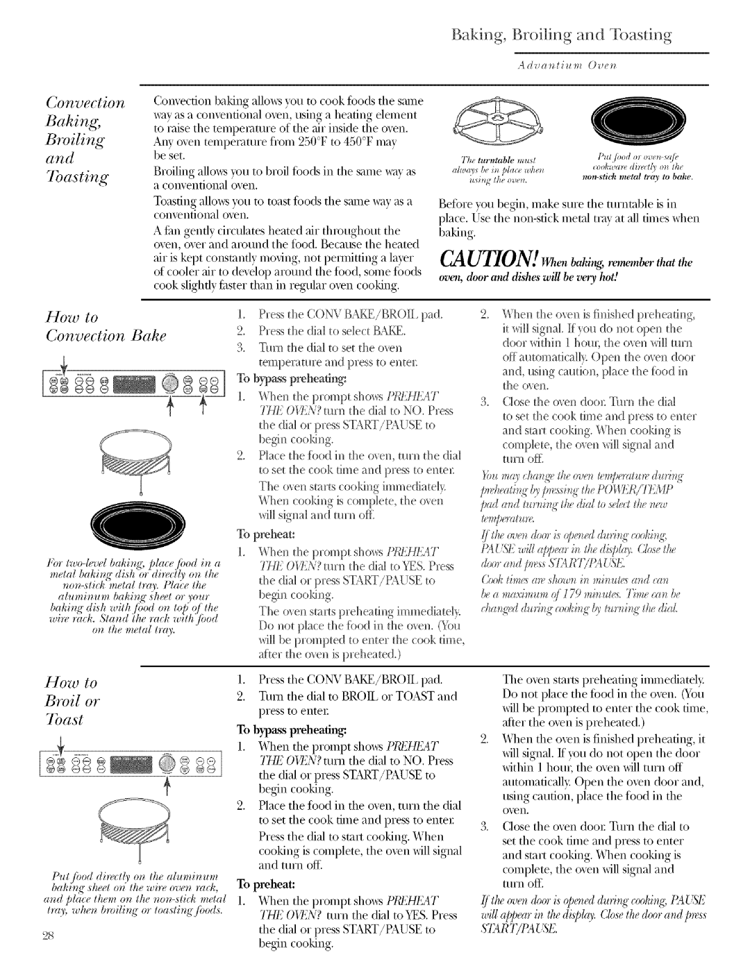 GE ZSCIO00, ZSCIO01 manual Broil or, Convection Baking Broiling, 7basting, Baking, Broiling and Toasting 