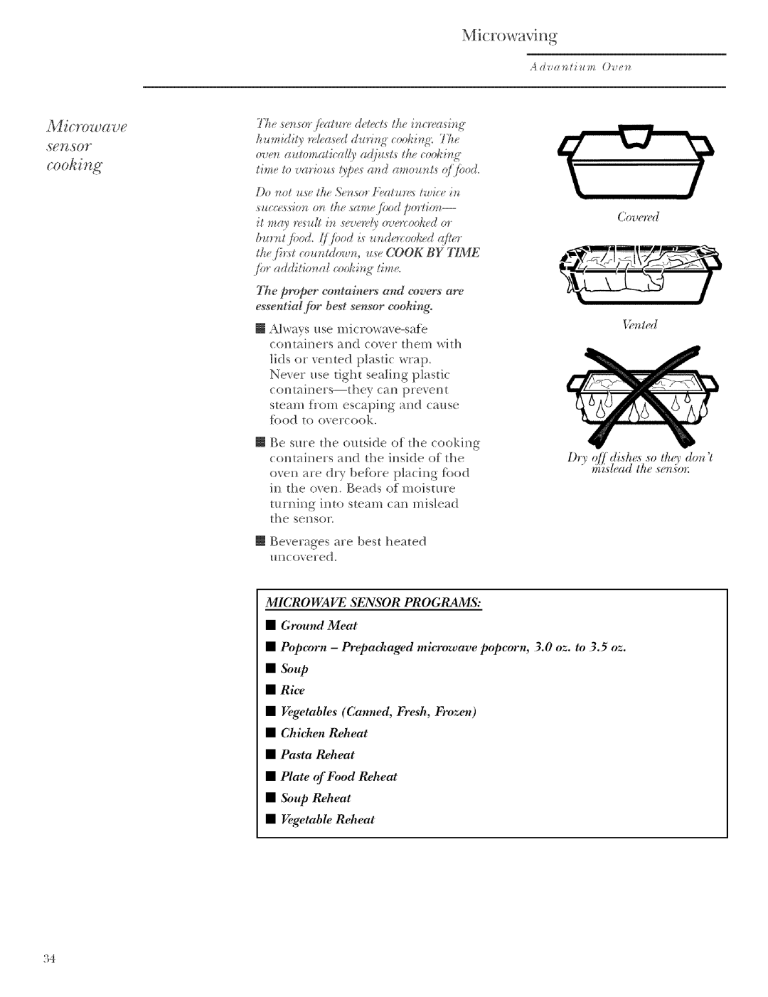 GE ZSCIO00, ZSCIO01 manual Cooking, Microwave Sensor Programs 