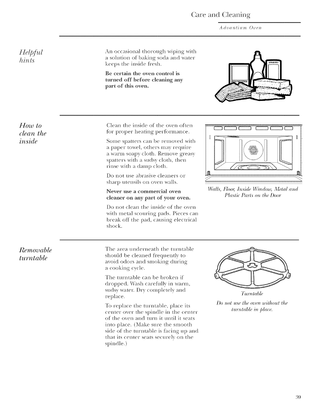 GE ZSCIO01 Hel/ /ug, Are and leaning, ?movable turntable, How to Clean Inside, Do not u,sllu oven without Tmntabl irplace 