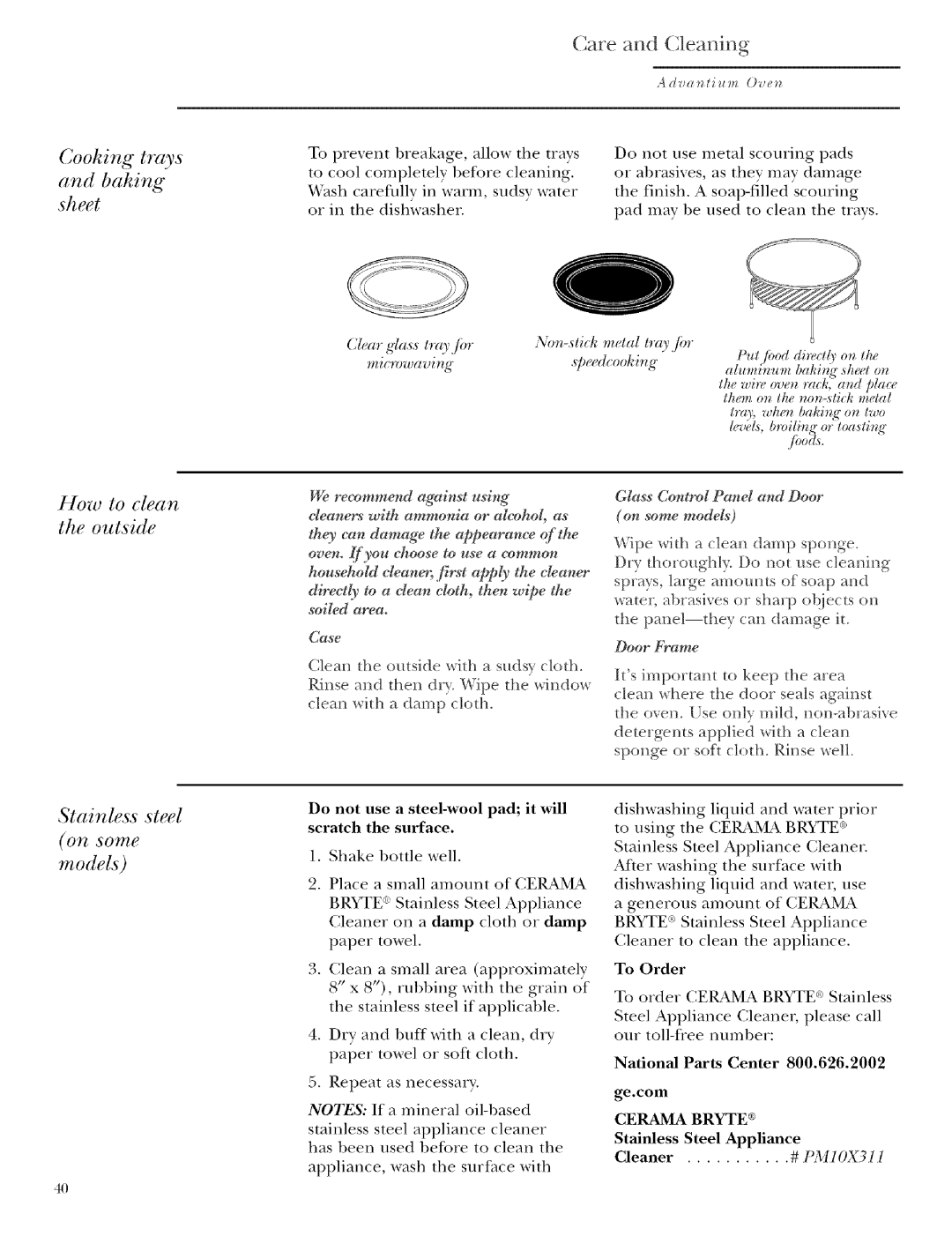 GE ZSCIO00, ZSCIO01 manual Care and Cleaning, Cooking trays Baking sheet, Models 