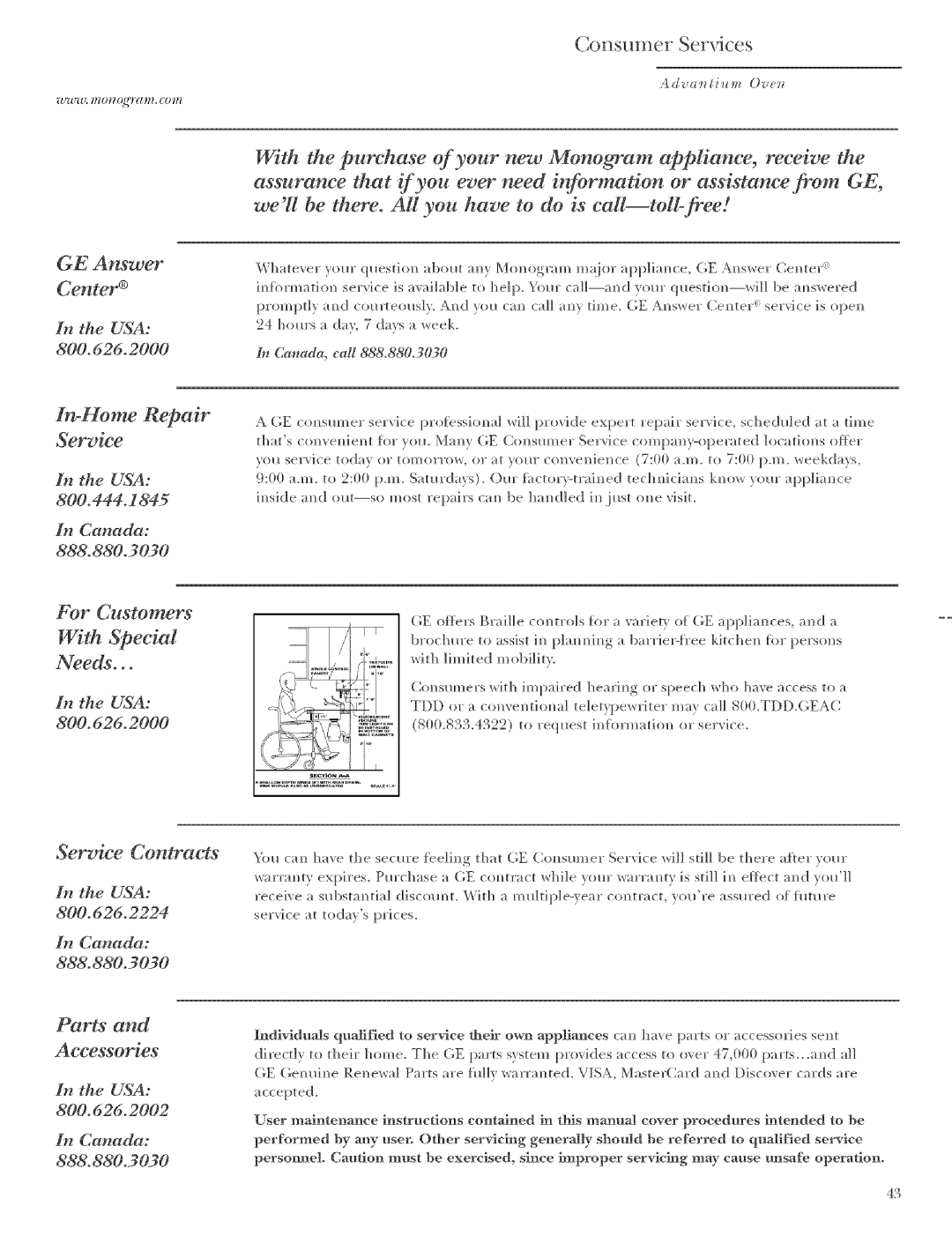 GE ZSCIO01, ZSCIO00 manual Service Contracts, Pars Accessories, In-Home Repair, For Customers With Special Needs 
