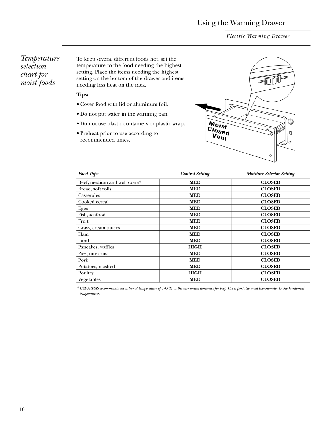 GE ZTD910 owner manual Temperature selection chart for moist foods 