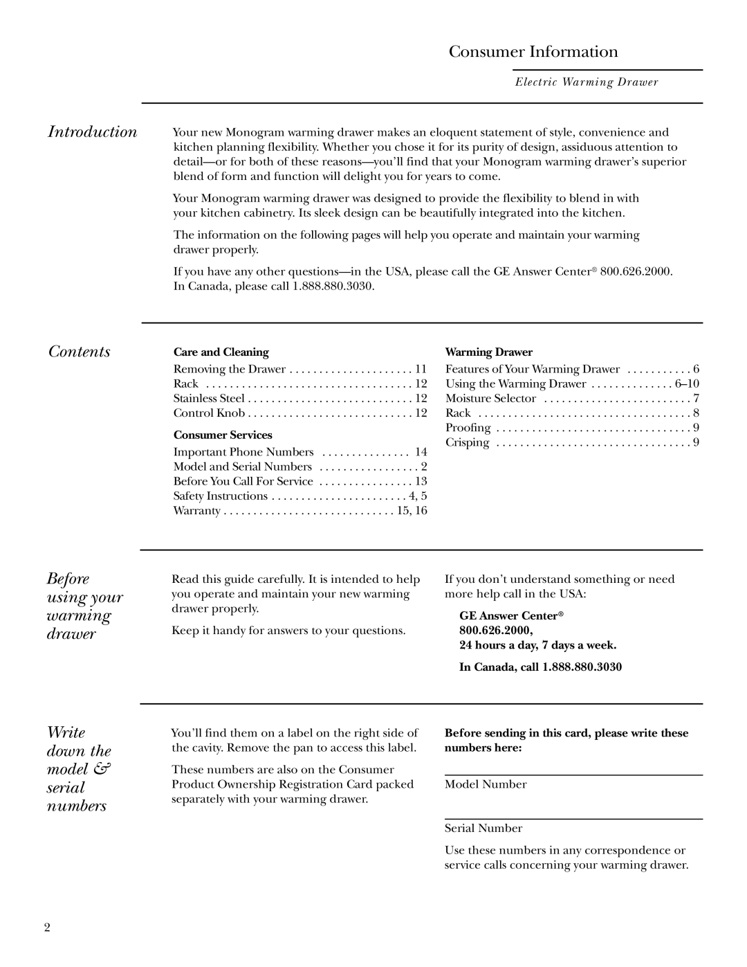 GE ZTD910 owner manual Introduction, Contents, Before using your warming drawer, Write down the model & serial numbers 