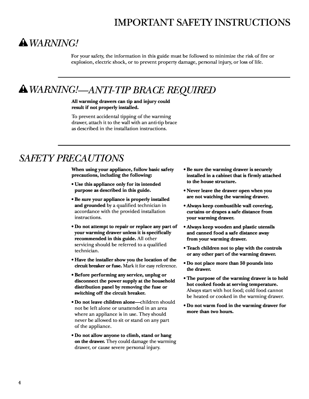 GE ZTD910 owner manual Important Safety Instructions, wWARNING!-ANTI-TIPBRACE REQUIRED, Safety Precautions 