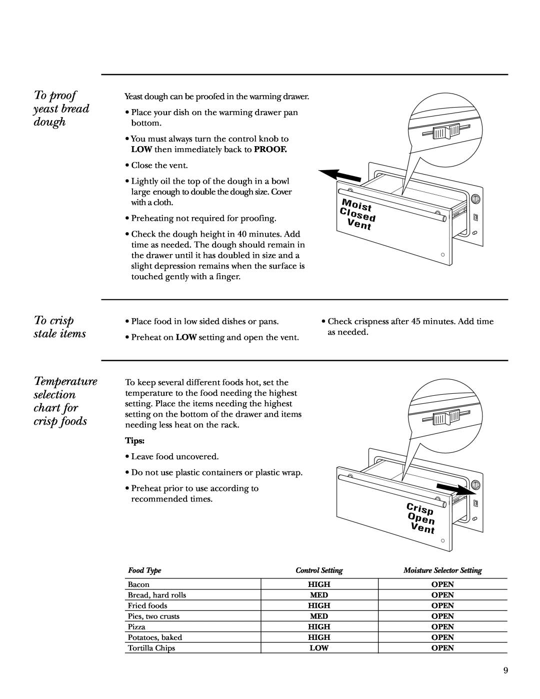 GE ZTD910 owner manual To proof yeast bread dough, To crisp stale items, Temperature selection chart for crisp foods 