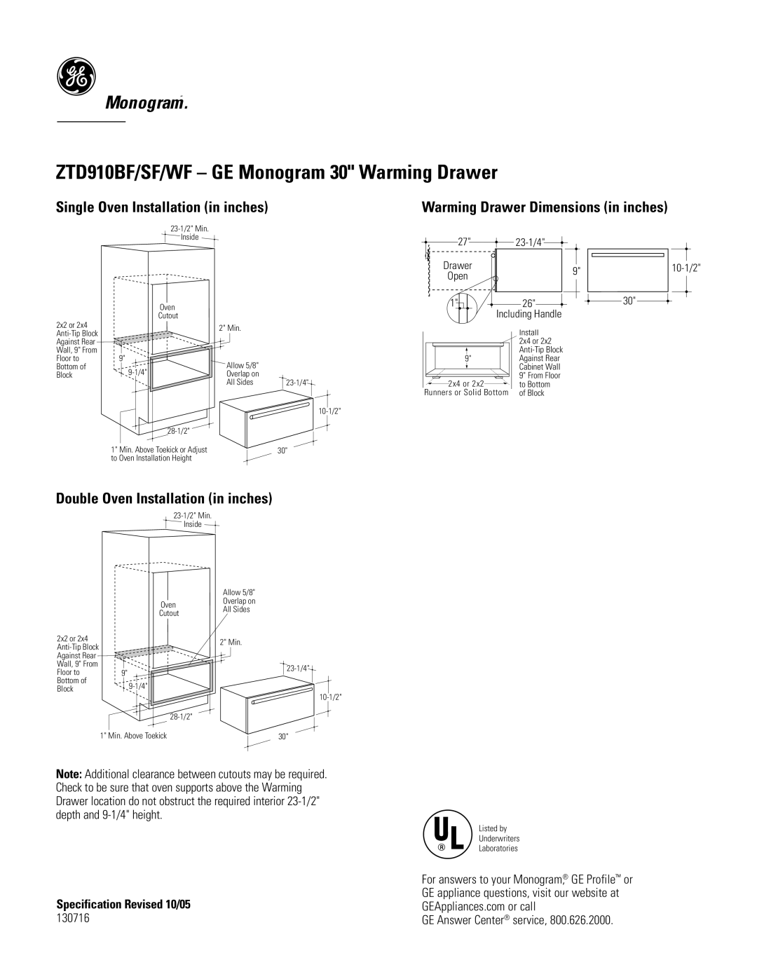 GE ZTD910BF/SF/WF dimensions Single Oven Installation in inches, Double Oven Installation in inches 