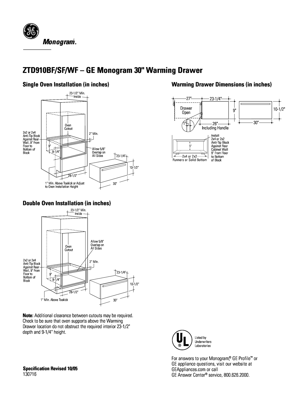 GE dimensions ZTD910BF/SF/WF - GE Monogram 30 Warming Drawer, Monogram“, Single Oven Installation in inches, 23-1/4 