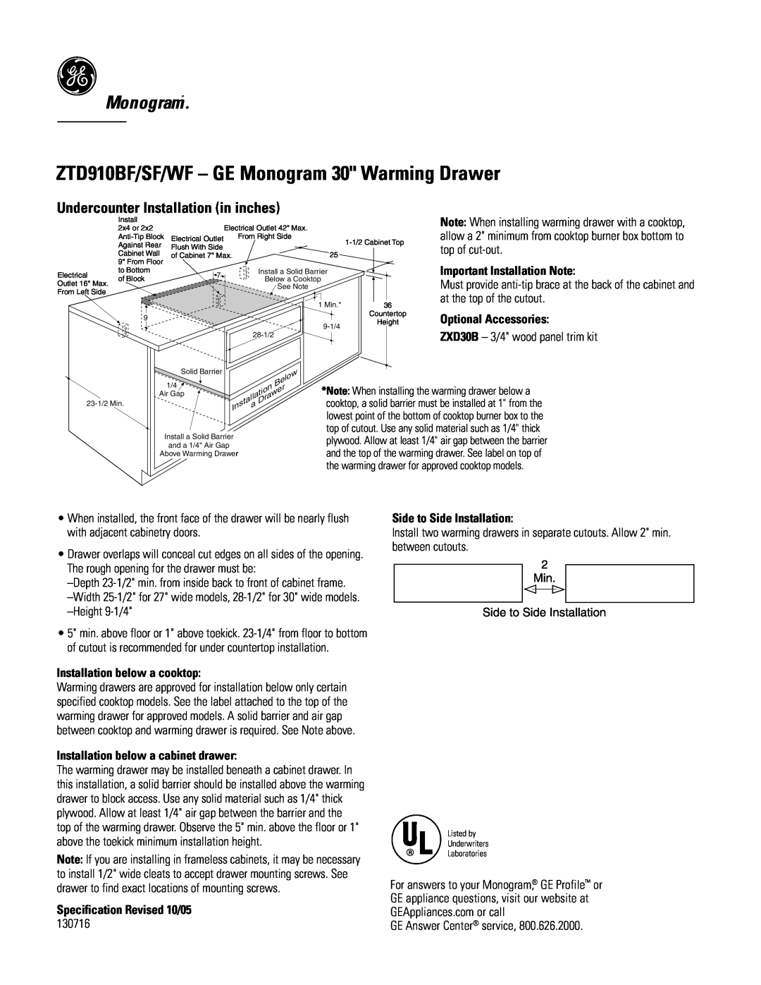 GE ZTD910BF/SF/WF - GE Monogram 30 Warming Drawer, Monogram“, Undercounter Installation in inches, Optional Accessories 