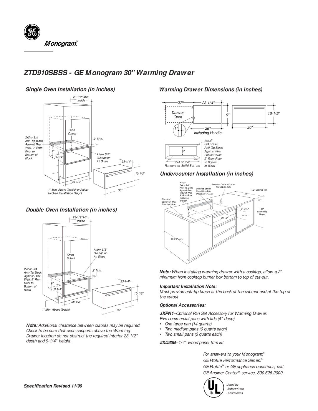 GE dimensions ZTD910SBSS GE Monogram 30 Warming Drawer, Single Oven Installation in inches 