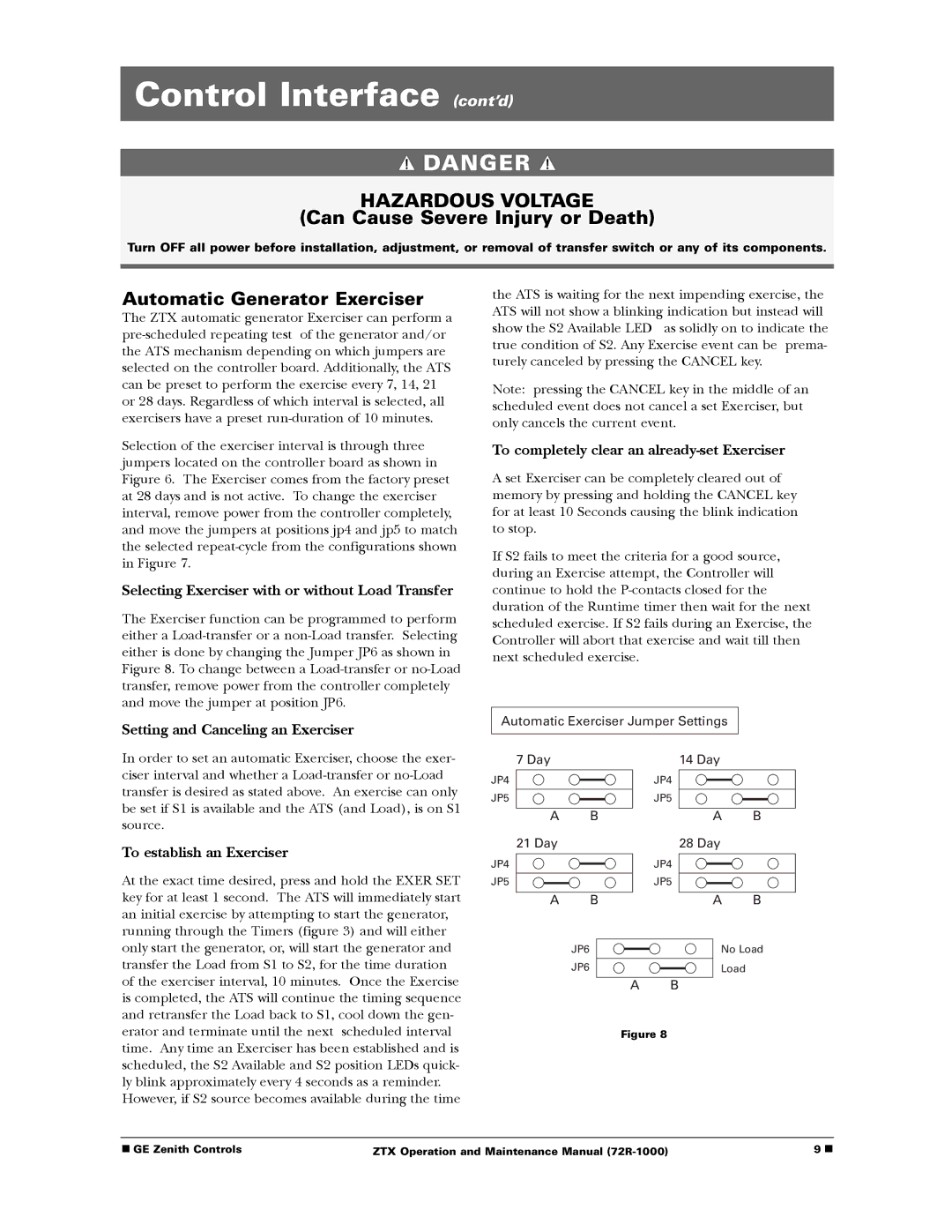 GE ZTX manual Automatic Generator Exerciser, Selecting Exerciser with or without Load Transfer 
