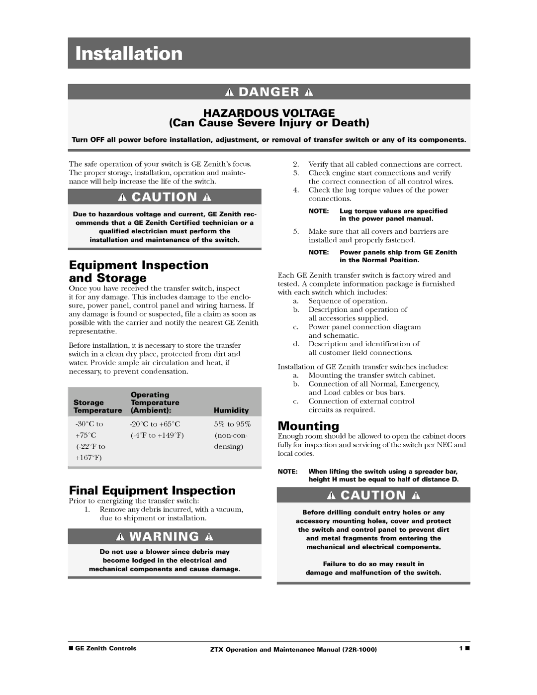 GE ZTX manual Installation, Can Cause Severe Injury or Death 